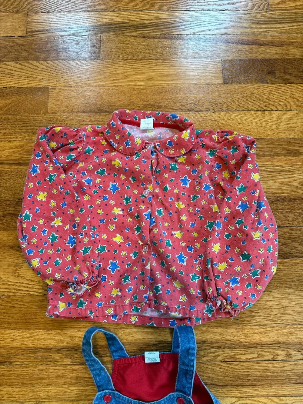 Vintage 90s Clown Denim Overalls Dress, Two Piece Stars Shirt Skirt (Youth 4)